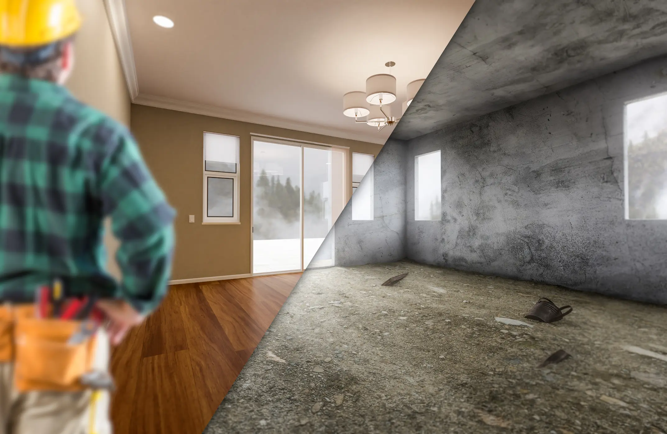 Newly Remodeled and Raw Unfinished Room